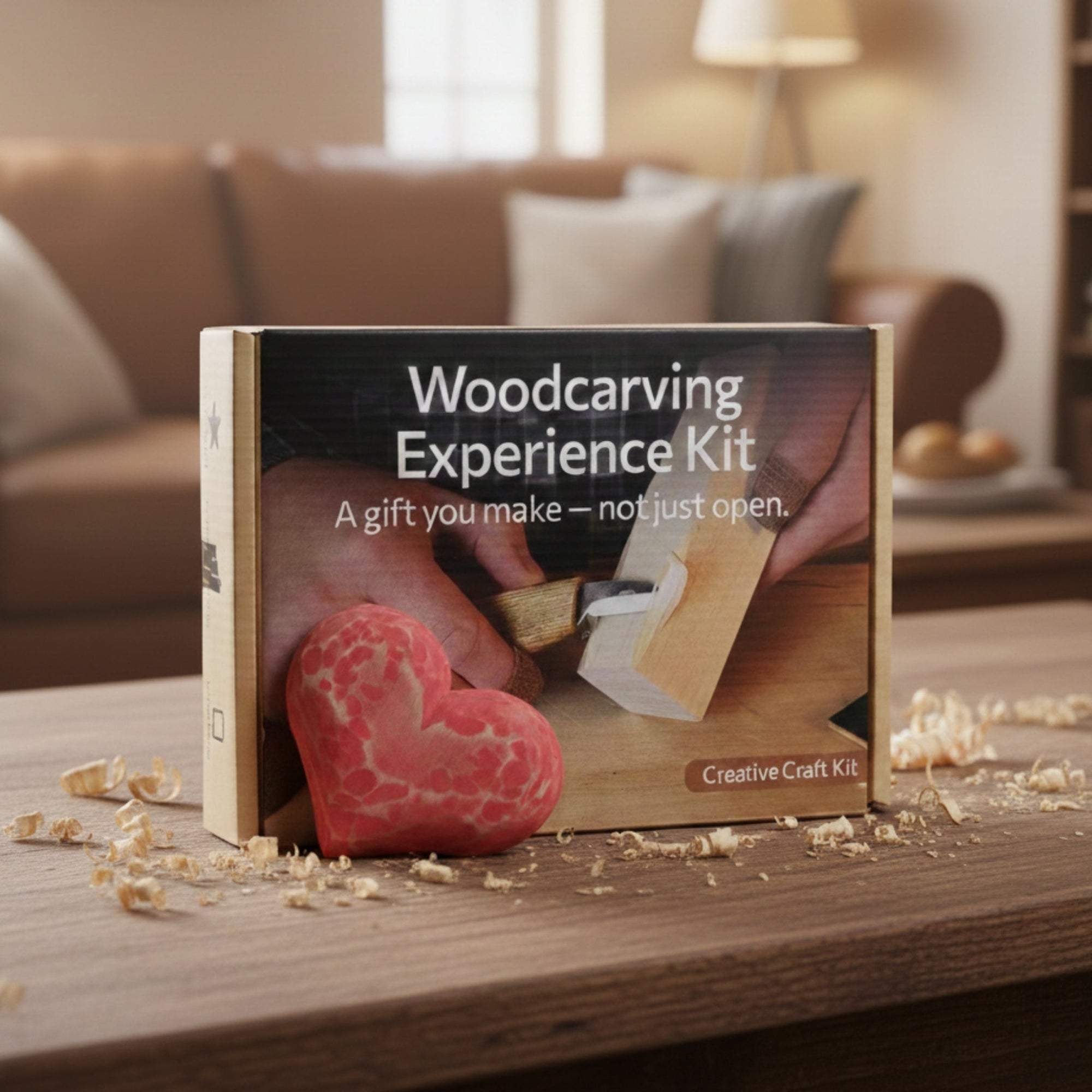 Beginner Heart Wood Carving and Painting Kit with tools and paints laid out
