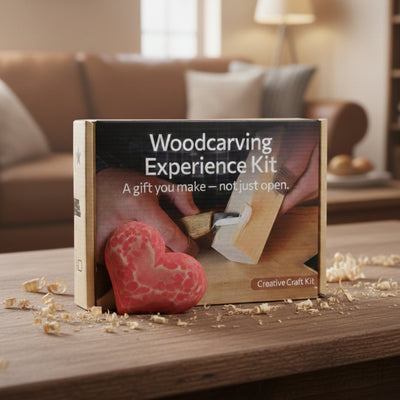 Beginner Heart Wood Carving and Painting Kit with tools and paints laid out