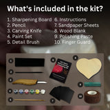 Beginner Heart Wood Carving and Painting Kit with tools and paints laid out
