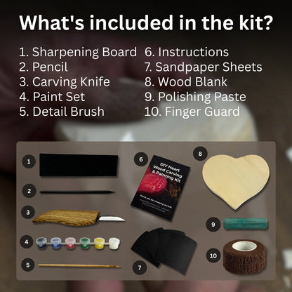 Beginner Heart Wood Carving and Painting Kit with tools and paints laid out
