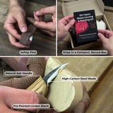 Beginner Heart Wood Carving and Painting Kit with tools and paints laid out