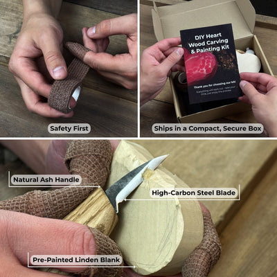 Beginner Heart Wood Carving and Painting Kit with tools and paints laid out