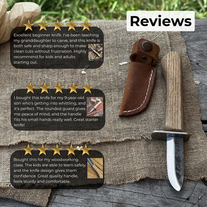 Beginner’s woodcarving knife with 6 cm carbon steel blade and leather sheath by Sharky Forged Steel Tools