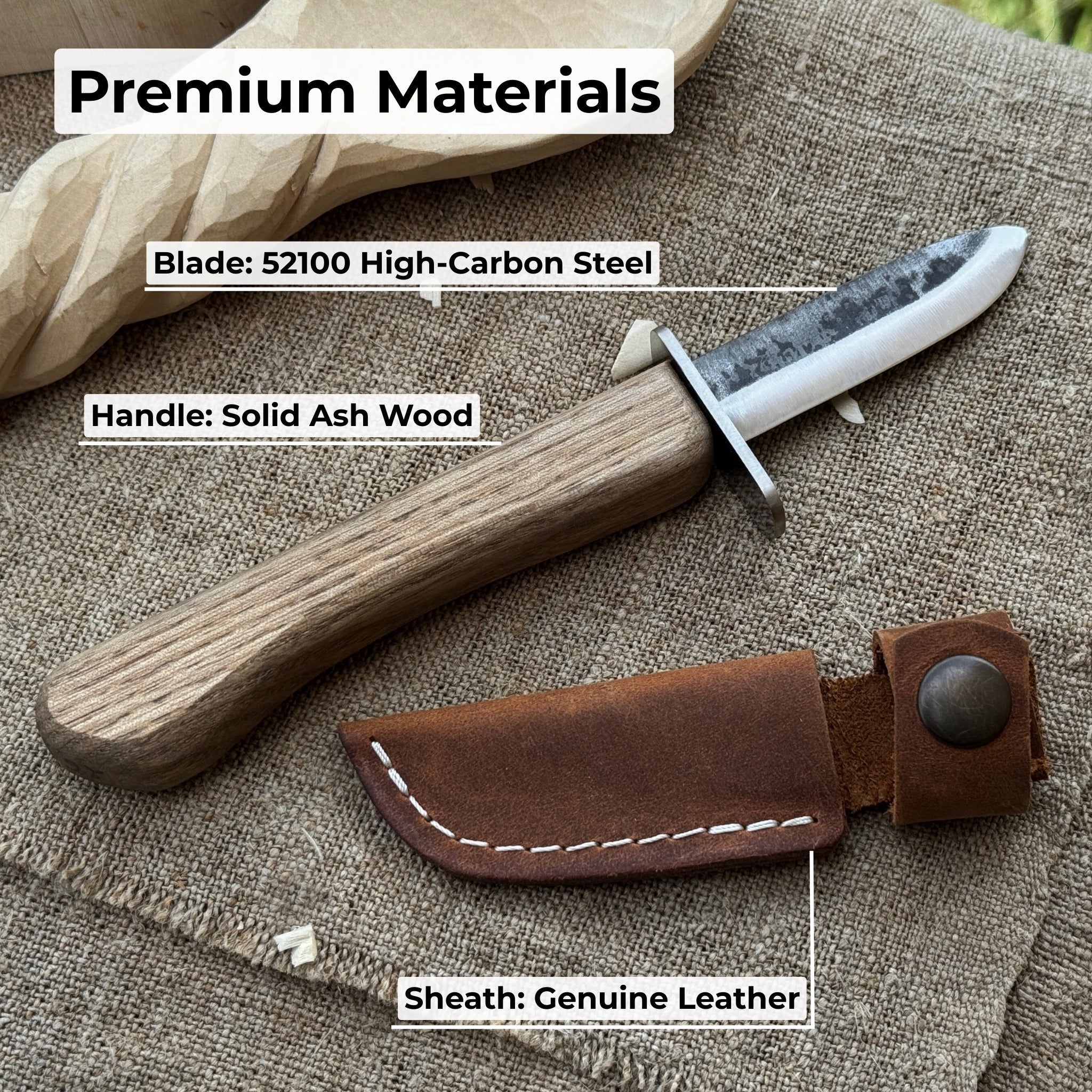 Beginner’s woodcarving knife with 6 cm carbon steel blade and leather sheath by Sharky Forged Steel Tools