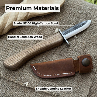 Beginner’s woodcarving knife with 6 cm carbon steel blade and leather sheath by Sharky Forged Steel Tools