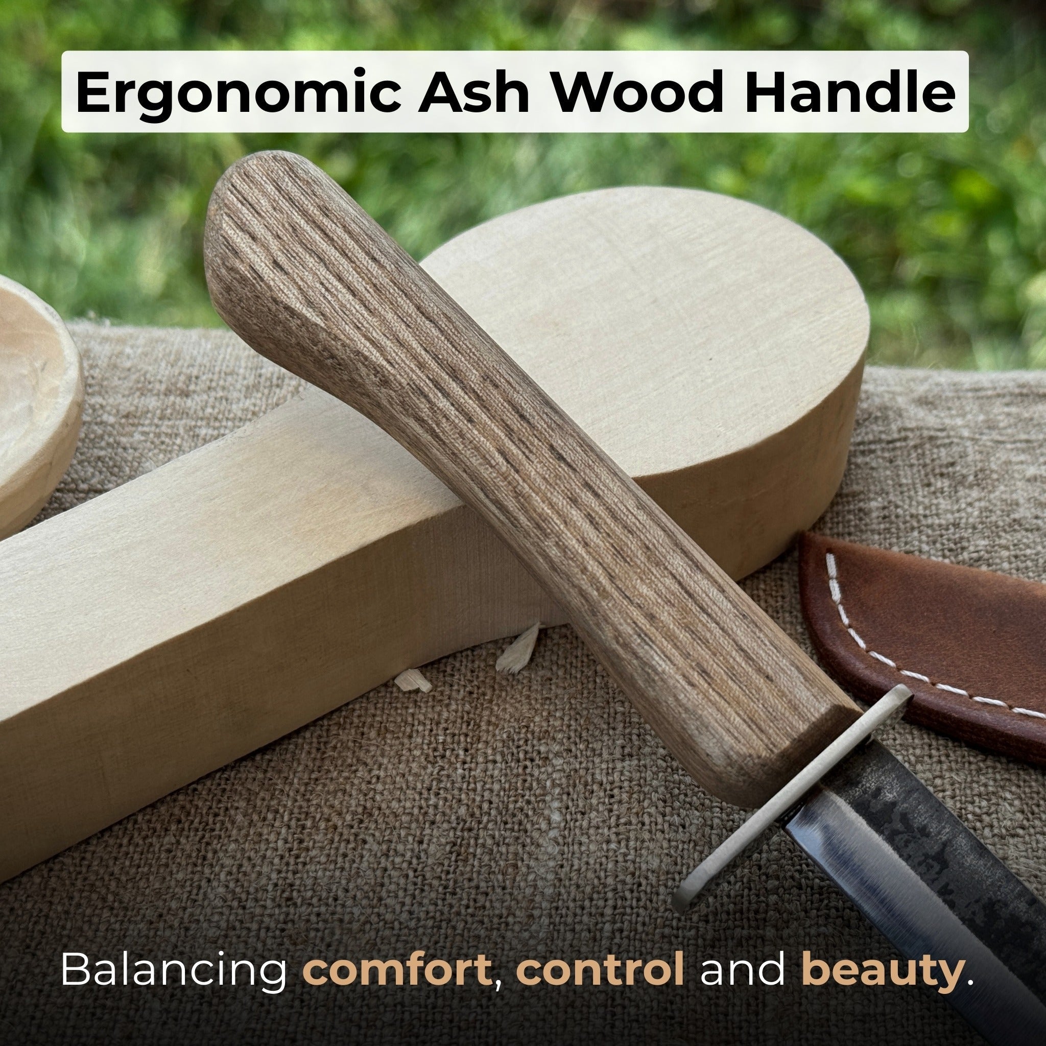 Beginner’s woodcarving knife with 6 cm carbon steel blade and leather sheath by Sharky Forged Steel Tools