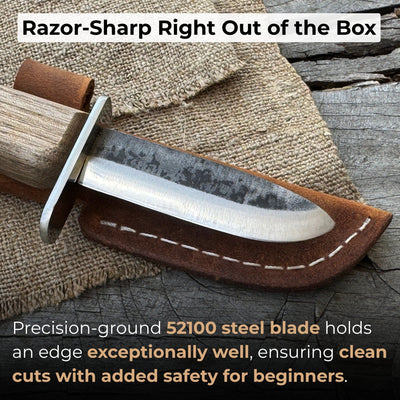 Beginner’s woodcarving knife with 6 cm carbon steel blade and leather sheath by Sharky Forged Steel Tools