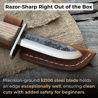 Beginner’s woodcarving knife with 6 cm carbon steel blade and leather sheath by Sharky Forged Steel Tools