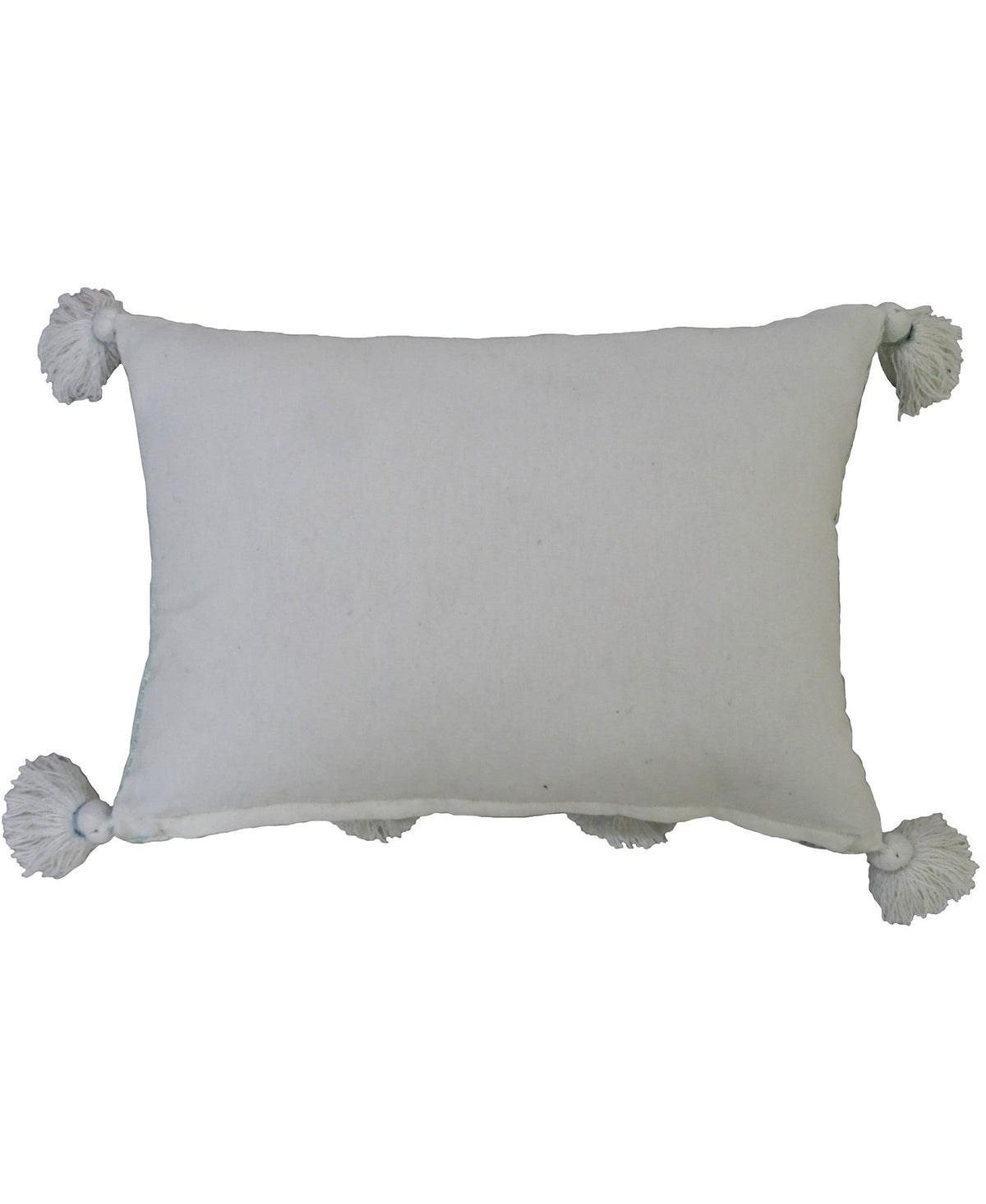 Cream rectangular accent pillow with large fluffy pom-poms and tassels at each corner, shown against a white background.
