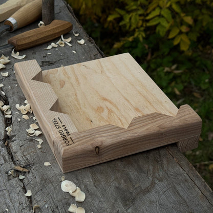 Handcrafted wooden bench hook for wood carving and chiseling by Sharky Forged Steel Tools