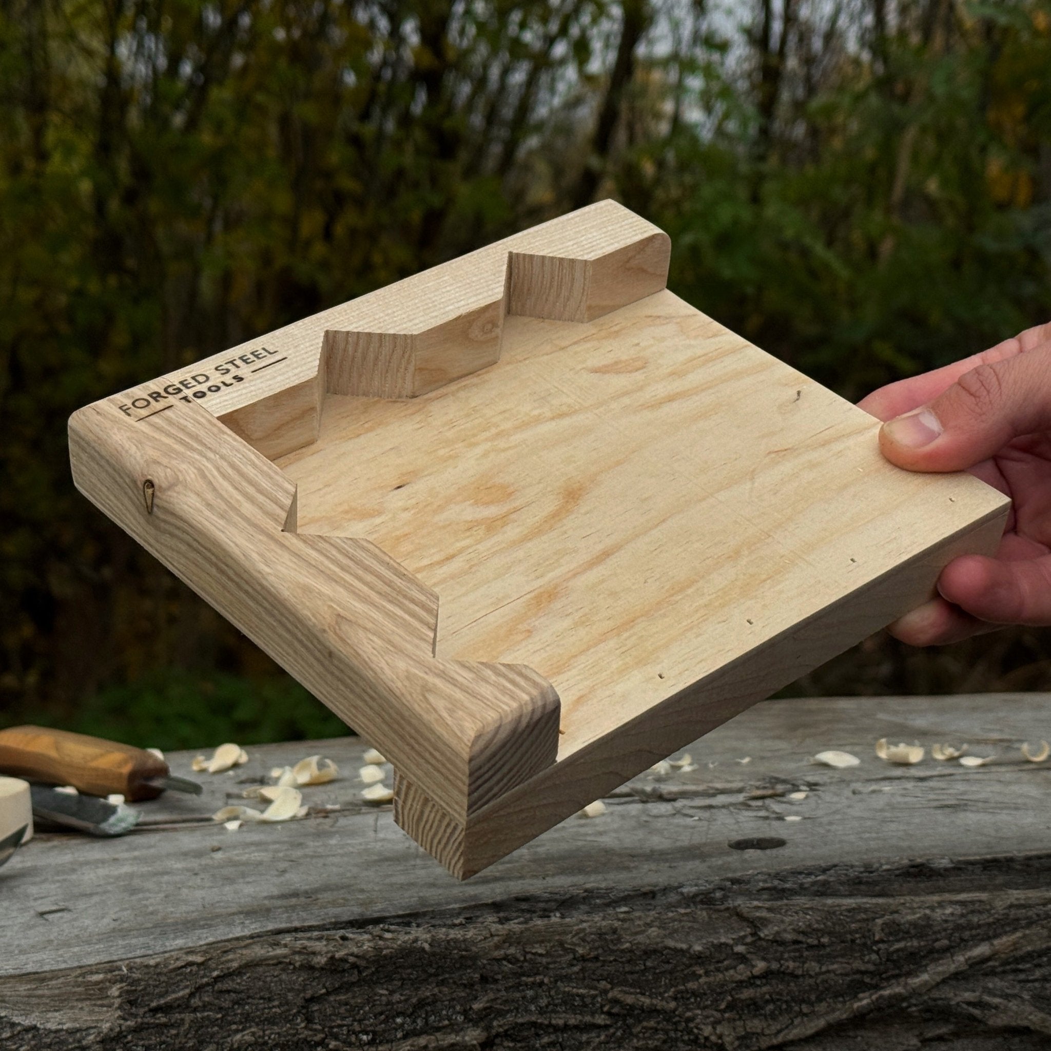 Handcrafted wooden bench hook for wood carving and chiseling by Sharky Forged Steel Tools