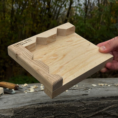 Handcrafted wooden bench hook for wood carving and chiseling by Sharky Forged Steel Tools