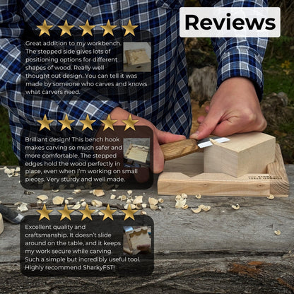 Handcrafted wooden bench hook for wood carving and chiseling by Sharky Forged Steel Tools