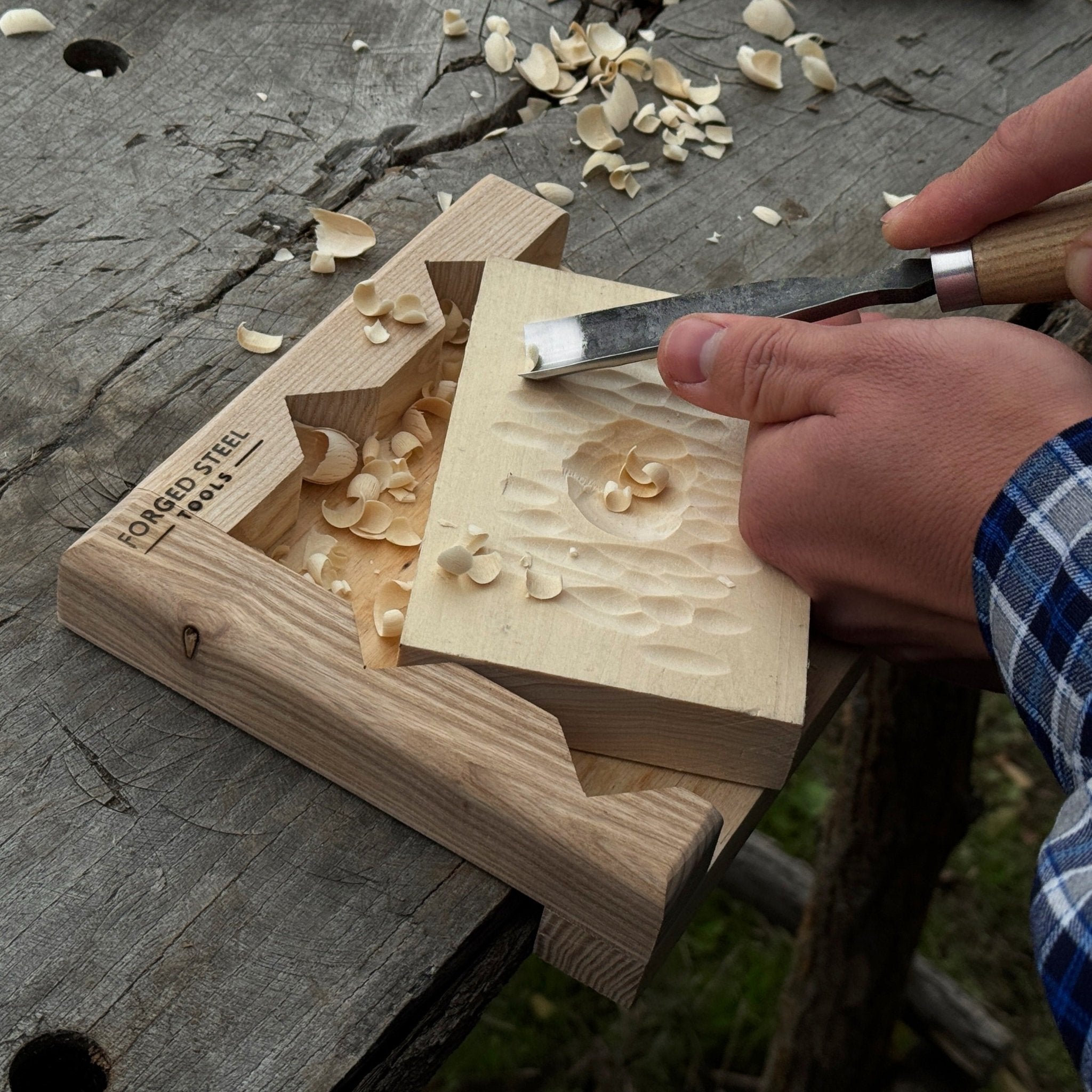 Handcrafted wooden bench hook for wood carving and chiseling by Sharky Forged Steel Tools