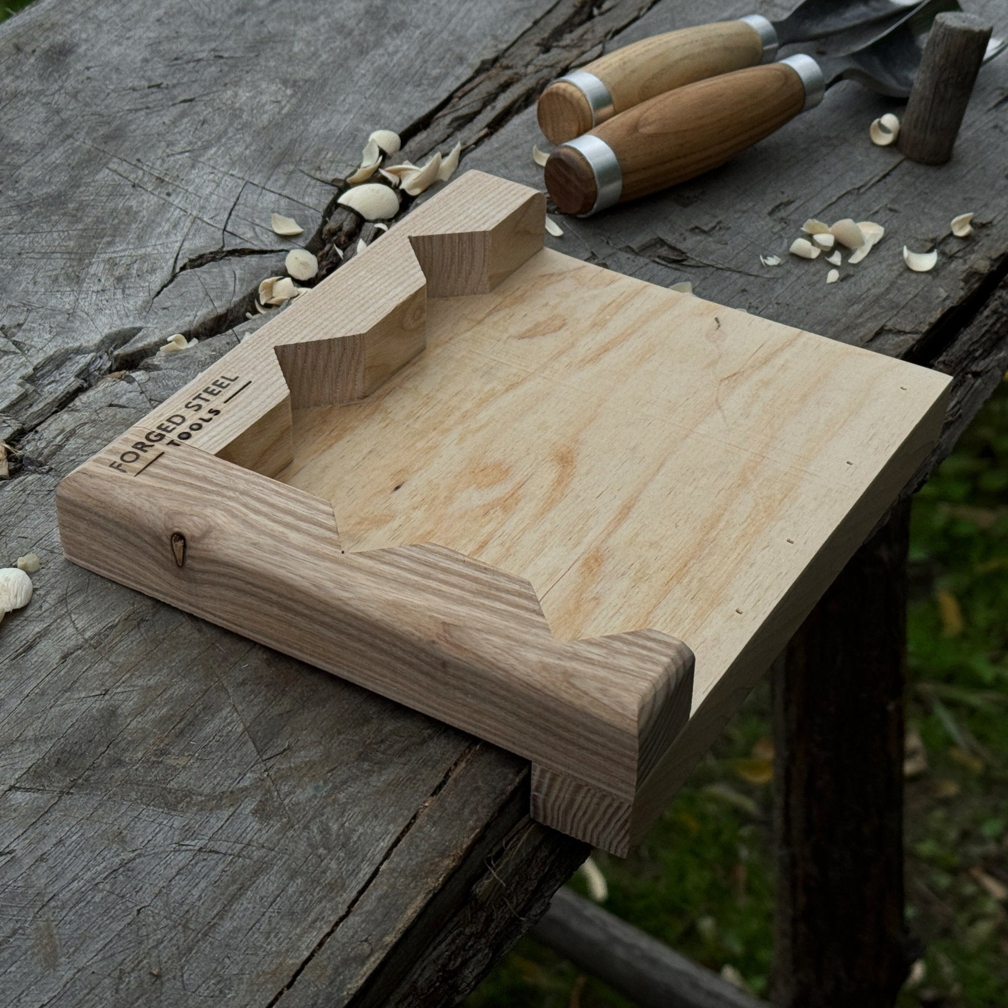 Handcrafted wooden bench hook for wood carving and chiseling by Sharky Forged Steel Tools