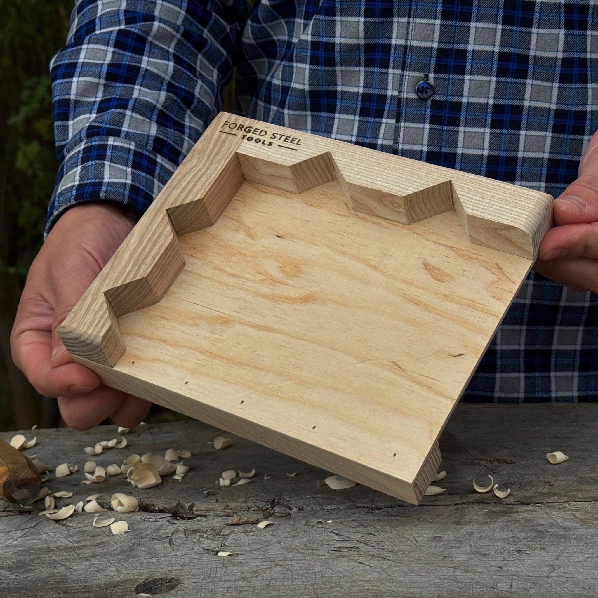 Handcrafted wooden bench hook for wood carving and chiseling by Sharky Forged Steel Tools