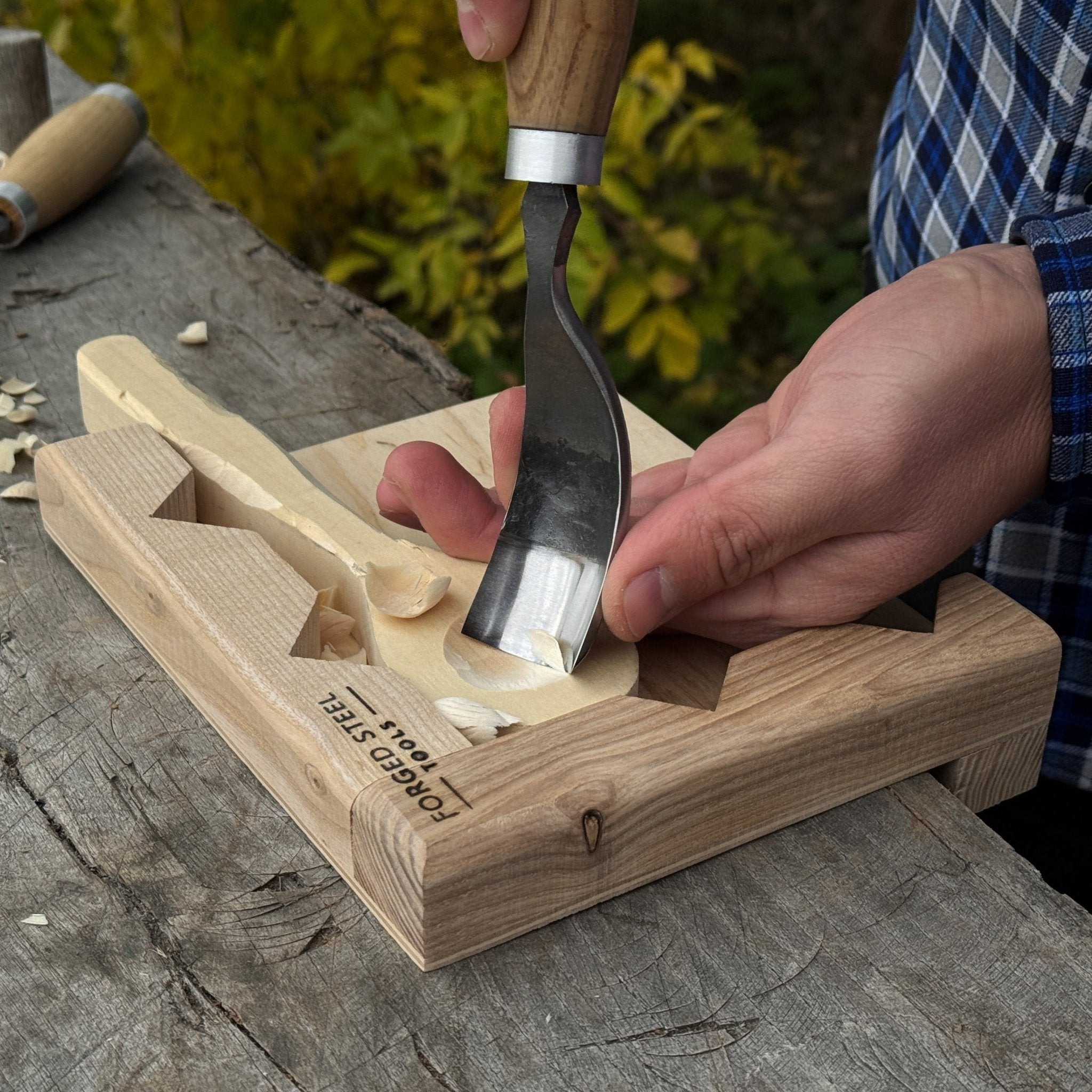 Handcrafted wooden bench hook for wood carving and chiseling by Sharky Forged Steel Tools