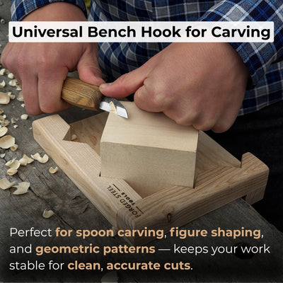 Handcrafted wooden bench hook for wood carving and chiseling by Sharky Forged Steel Tools