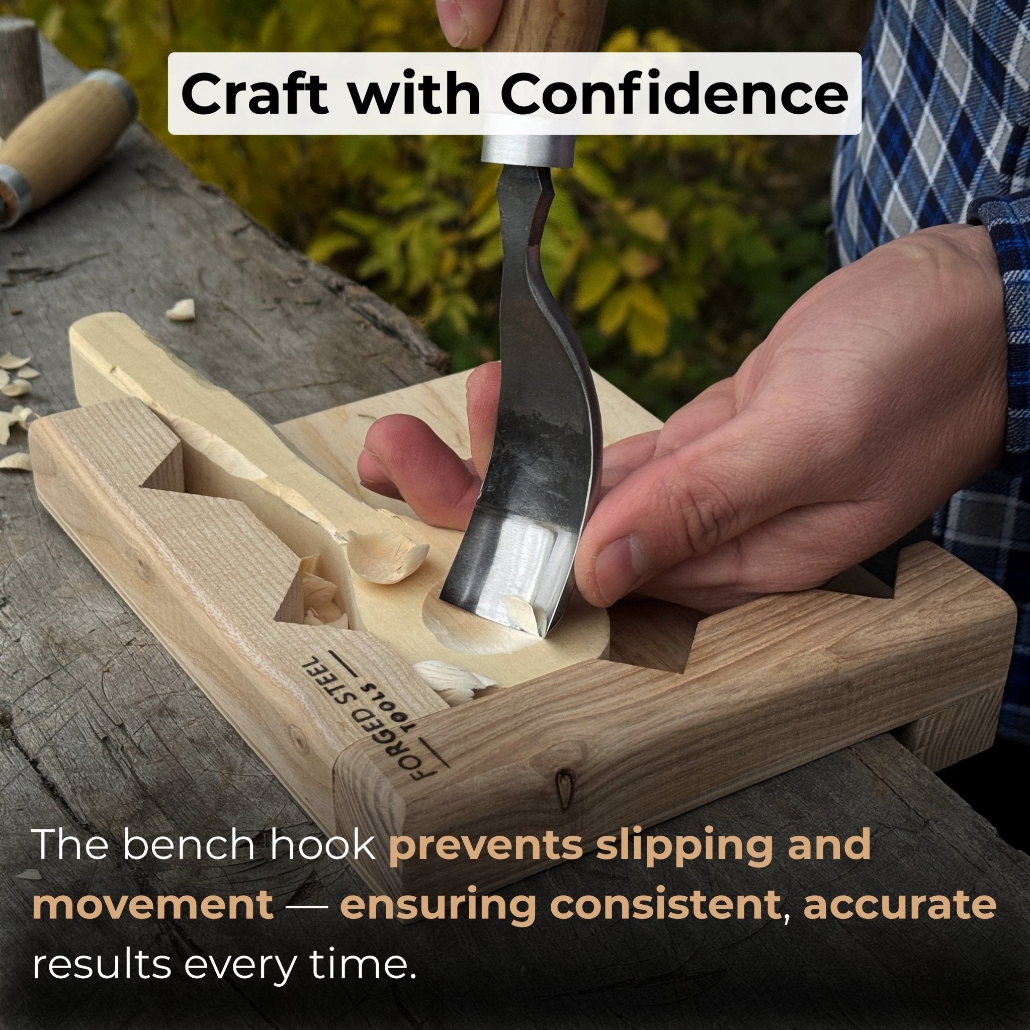Handcrafted wooden bench hook for wood carving and chiseling by Sharky Forged Steel Tools