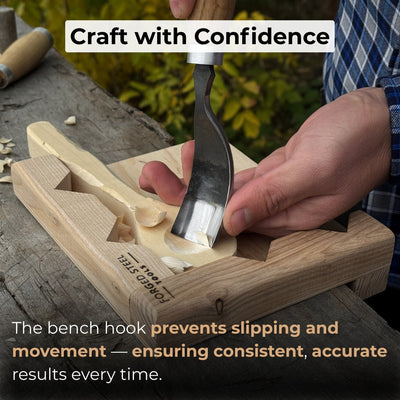 Handcrafted wooden bench hook for wood carving and chiseling by Sharky Forged Steel Tools