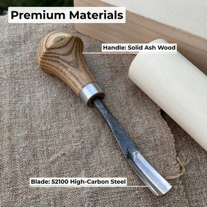 Bent carving gouge with palm handle showing 8 mm and 12 mm blade options by Sharky Forged Steel Tools