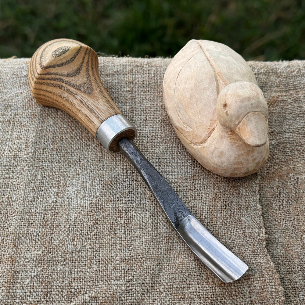 Bent carving gouge with palm handle showing 8 mm and 12 mm blade options by Sharky Forged Steel Tools