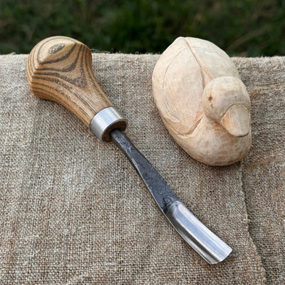 Bent carving gouge with palm handle showing 8 mm and 12 mm blade options by Sharky Forged Steel Tools