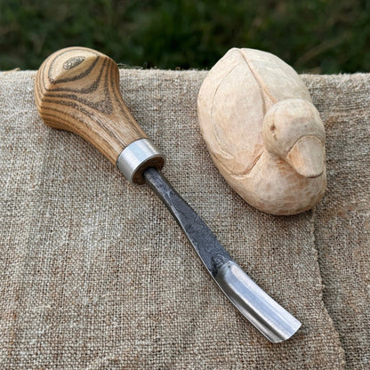 Bent carving gouge with palm handle showing 8 mm and 12 mm blade options by Sharky Forged Steel Tools