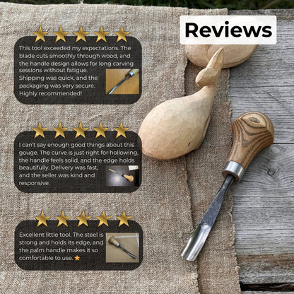 Bent carving gouge with palm handle showing 8 mm and 12 mm blade options by Sharky Forged Steel Tools