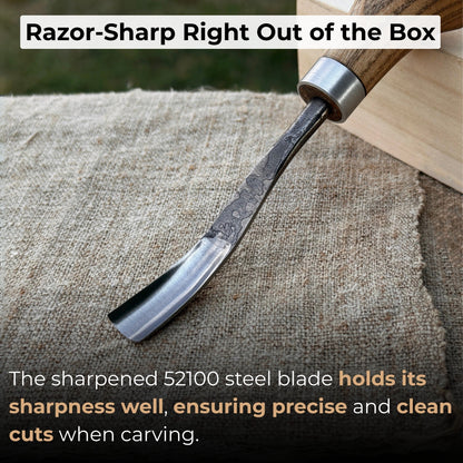 Bent carving gouge with palm handle showing 8 mm and 12 mm blade options by Sharky Forged Steel Tools