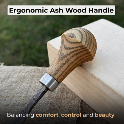 Bent carving gouge with palm handle showing 8 mm and 12 mm blade options by Sharky Forged Steel Tools