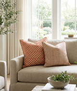 Two square pillows on a beige sofa: one with burnt orange and cream circular pattern, the other in muted pink with subtle woven texture, near a large window and green plant.