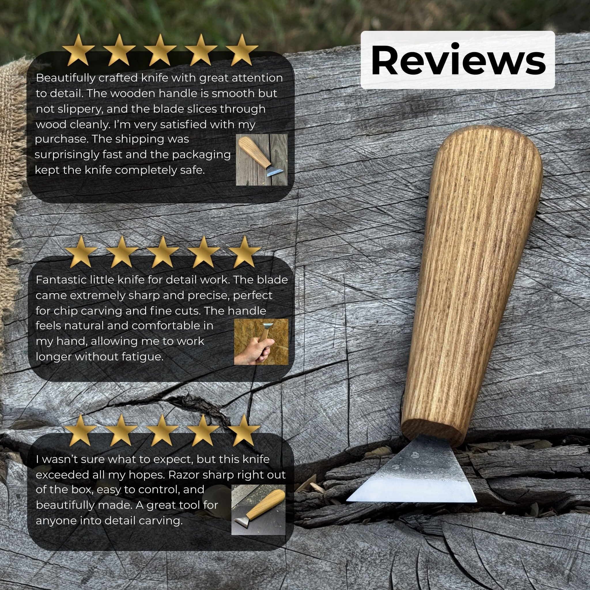 Bevel Edge Carving Knife with 3.5 cm blade and wooden handle by Sharky Forged Steel Tools