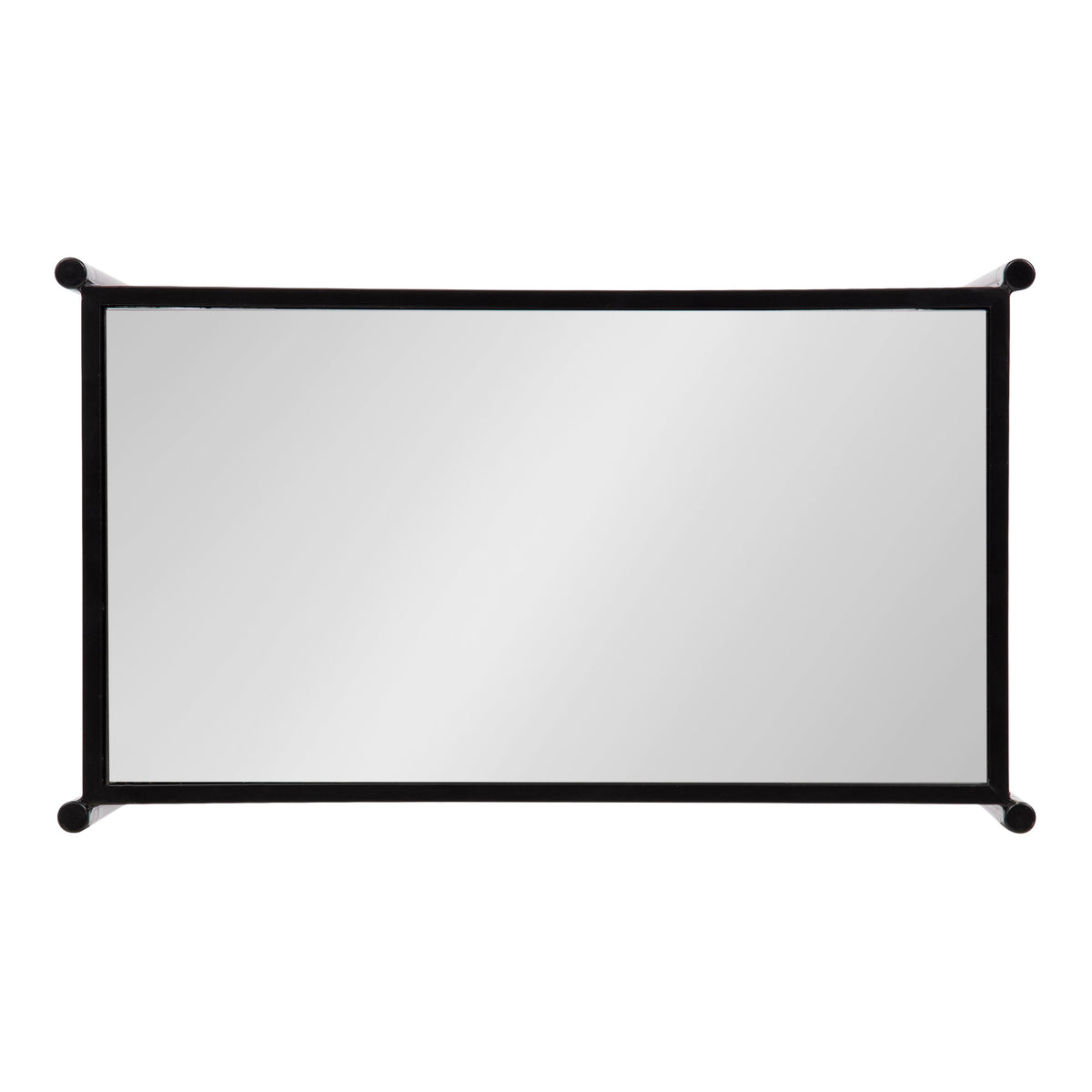 Rectangular mirror with a slim black metal frame and rounded finials at each corner, shown from a top-down view against a white background.