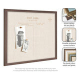 Square linen fabric pinboard with vintage postcard print and dark wood frame, displaying two black-and-white photos pinned on its surface.