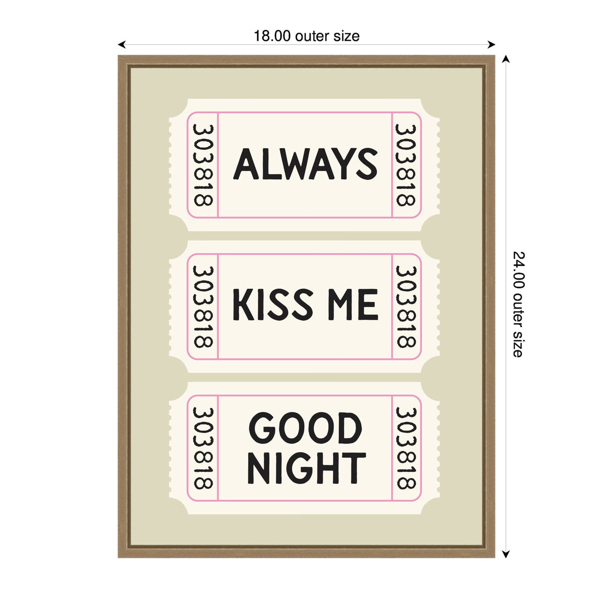 Framed wall art with sage green background featuring three pink-edged ticket shapes each displaying words: ALWAYS, KISS ME, GOOD NIGHT in bold black text.