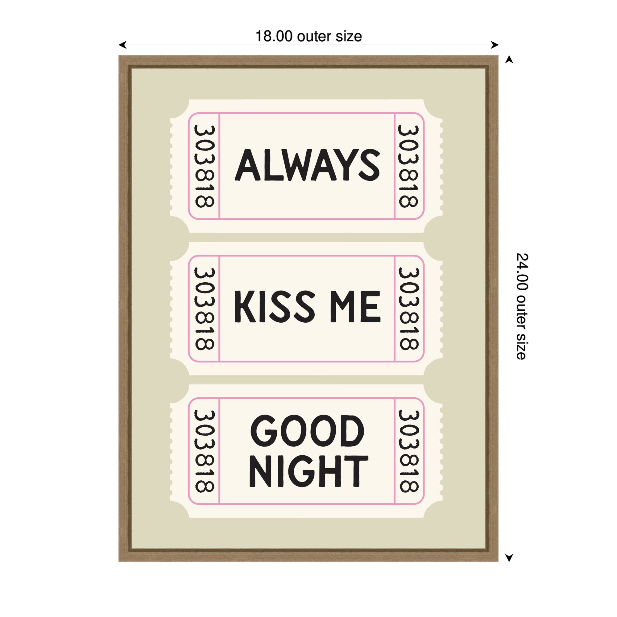 Above Bed Decor, Always Kiss Me Goodnight Ticket Print, Sage Green Wall Art Retro Poster by Lucky Guava Framed Canvas Wall Art Print