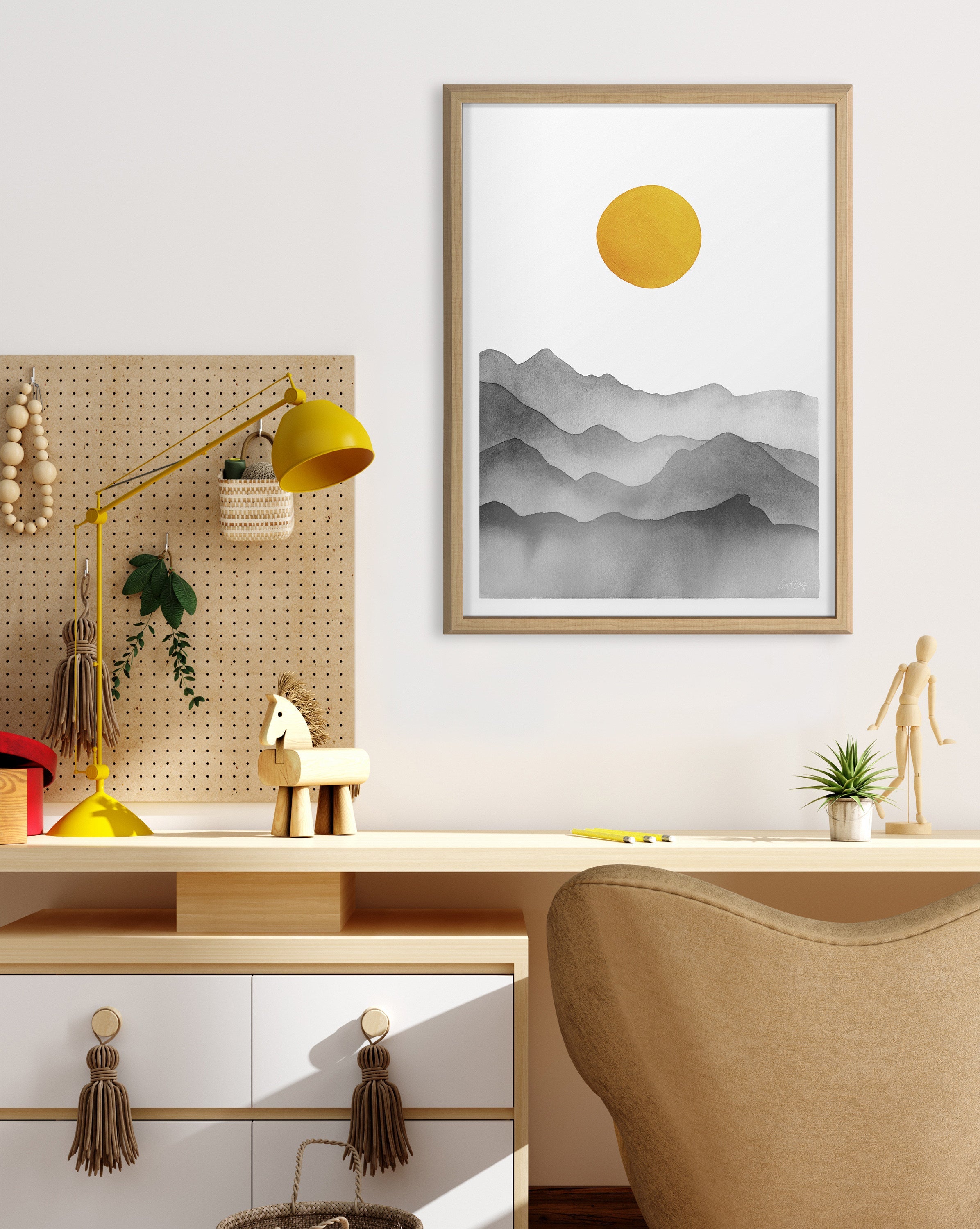 Blake Black Yellow Mountain Range Silhouette Framed Printed Glass