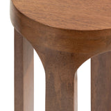 Detail of a round wooden table top with smoothly curved edges and tapered legs in warm brown wood grain.