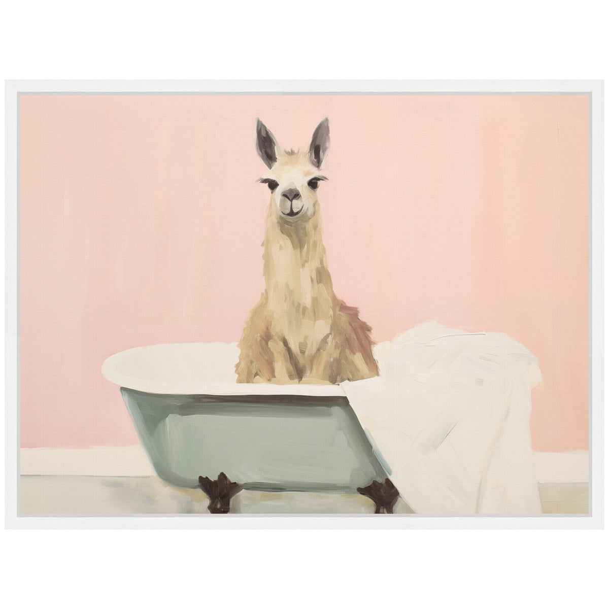 Painting of a light brown llama sitting inside a pale green clawfoot bathtub with a white towel draped over the edge, against a soft pink background.