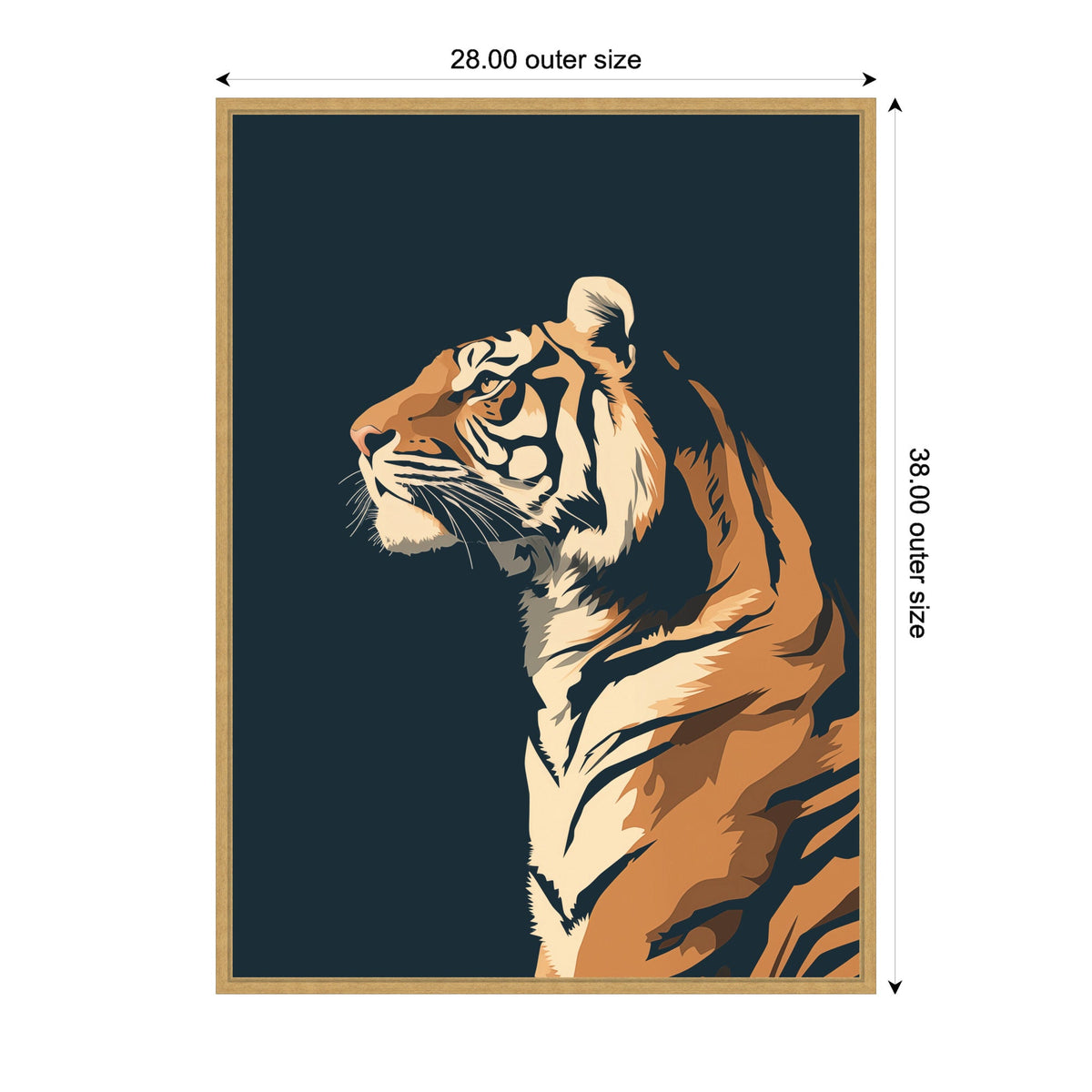 Framed canvas art of a tiger profile in orange and beige tones against a solid navy blue background, with the tiger looking left.