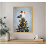 Painting of a seagull wearing a red Santa hat perched atop a decorated Christmas tree with glowing lights and ornaments against a muted blue-gray background.