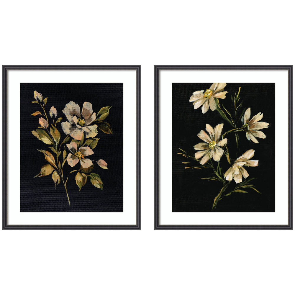 Moody Floral 4 & 7 framed botanical print set by Annie Quigley, showcasing floral motifs in black narrow frames