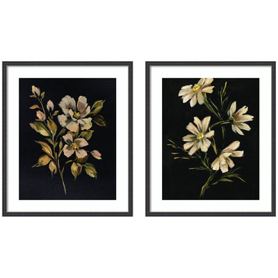 Moody Floral 4 & 7 framed botanical print set by Annie Quigley, showcasing floral motifs in black narrow frames