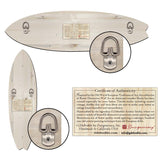 Reverse view of a distressed wooden surfboard wall art with two metal hanging brackets and a Certificate of Authenticity detailing handcrafted European art techniques
