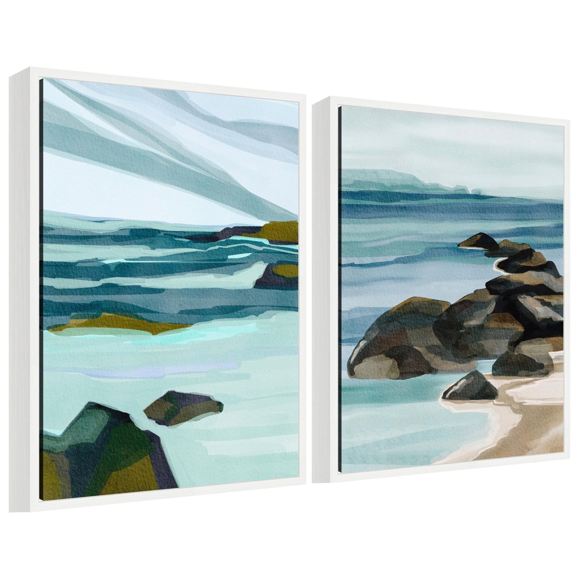Sylvie Ocean Breeze Landscape 2-piece framed canvas art set featuring coastal ocean imagery in soft blue and sandy tones.