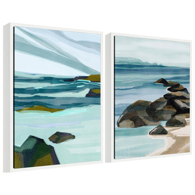 Sylvie Ocean Breeze Landscape 2-piece framed canvas art set featuring coastal ocean imagery in soft blue and sandy tones.
