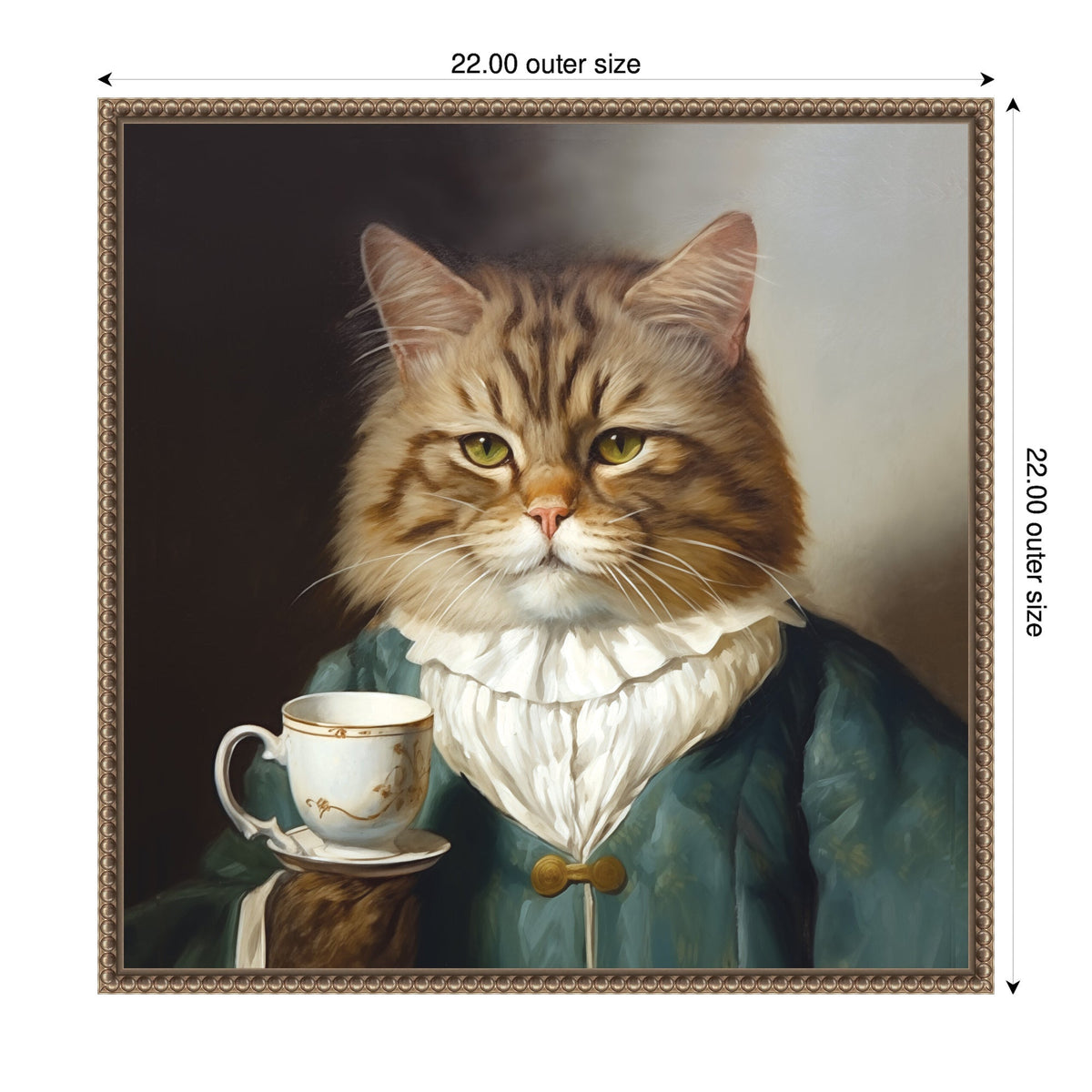 Portrait of a fluffy brown tabby cat wearing a teal outfit with a white ruffled collar, holding a white and gold teacup with matching saucer.