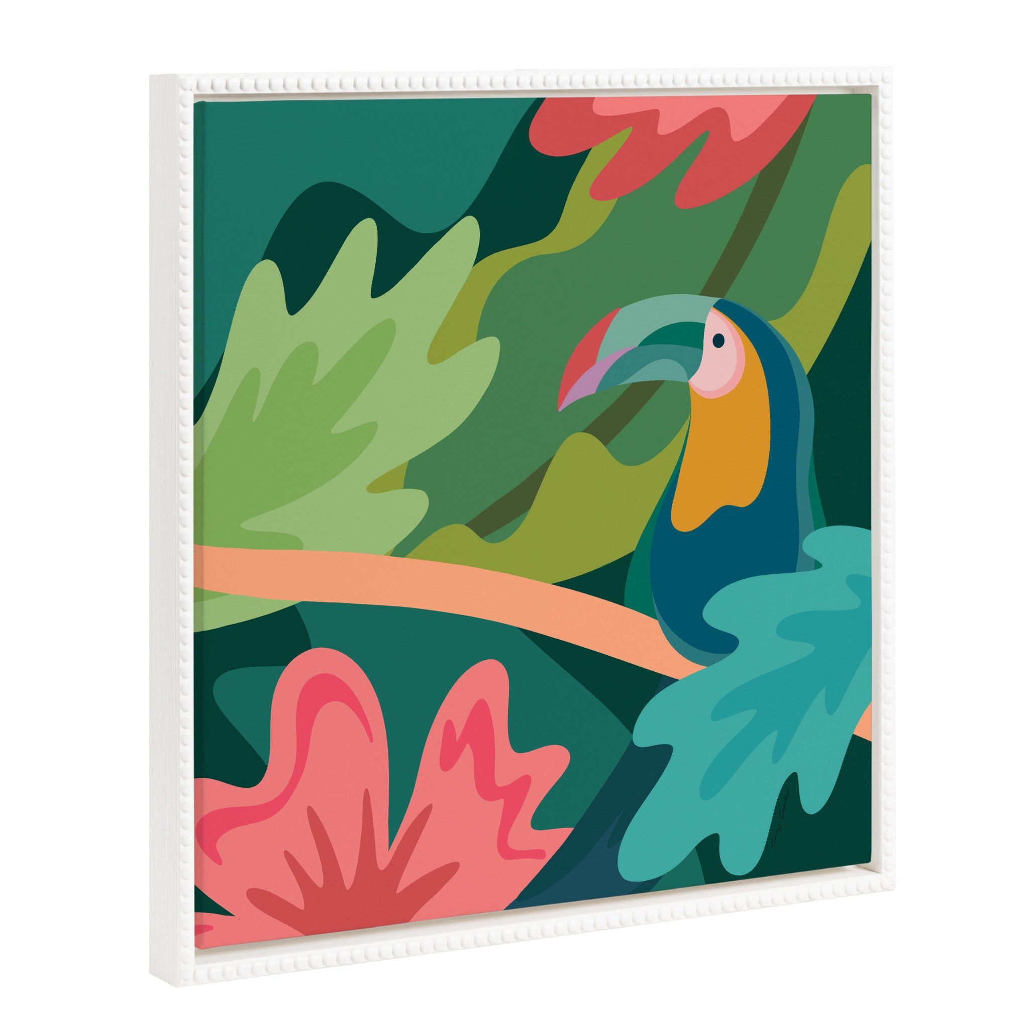 Sylvie Beaded Tropical Toucan Framed Canvas Art by Carey Copeland showing a colorful toucan with a vintage beaded white polystyrene frame
