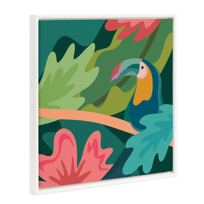 Sylvie Beaded Tropical Toucan Framed Canvas Art by Carey Copeland showing a colorful toucan with a vintage beaded white polystyrene frame